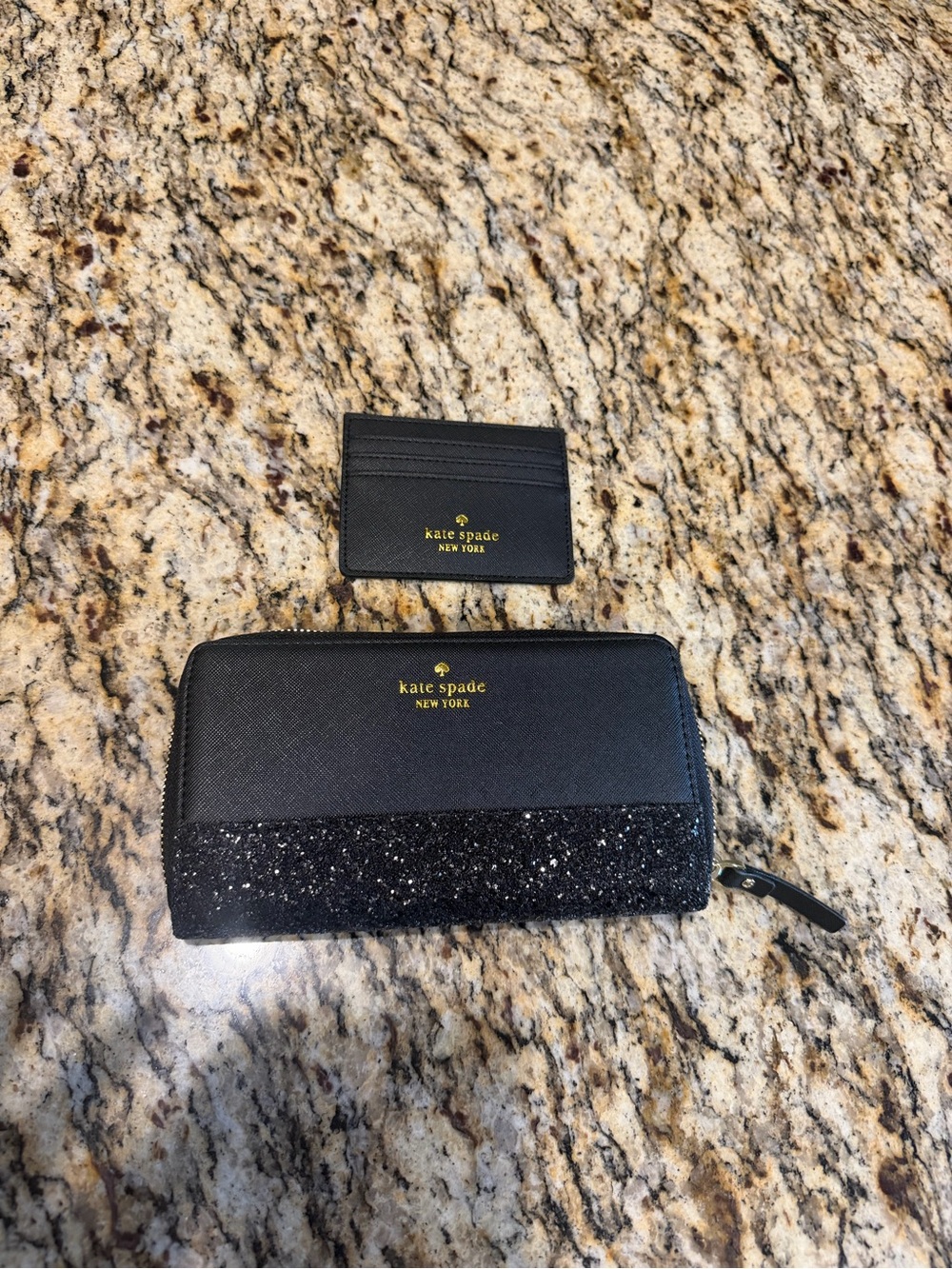 kate spade Black Glitter Zip Wallet with Matching Cardholder